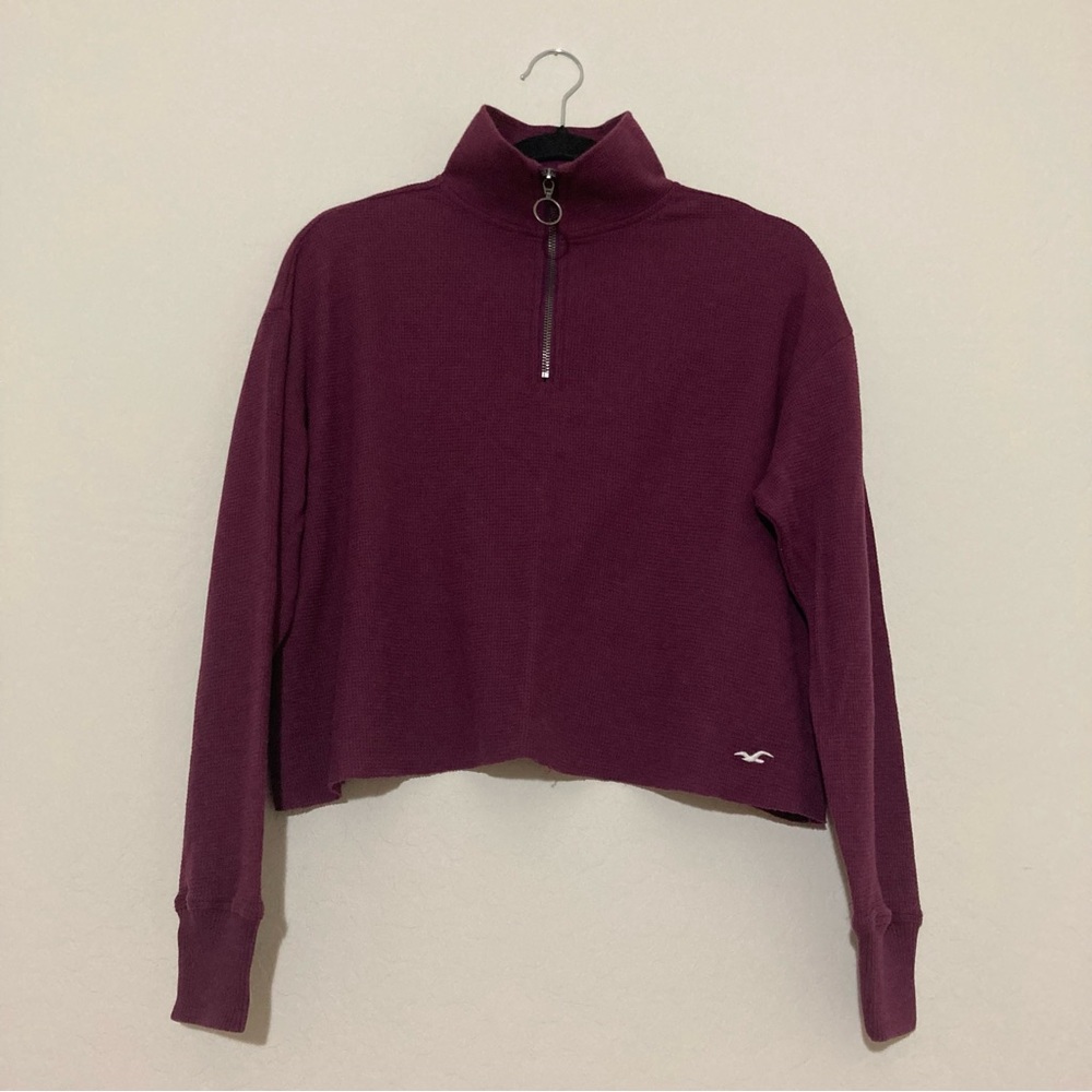 Hollister burgundy boyfriend tee quarter zip o-ring waffle knit sweater